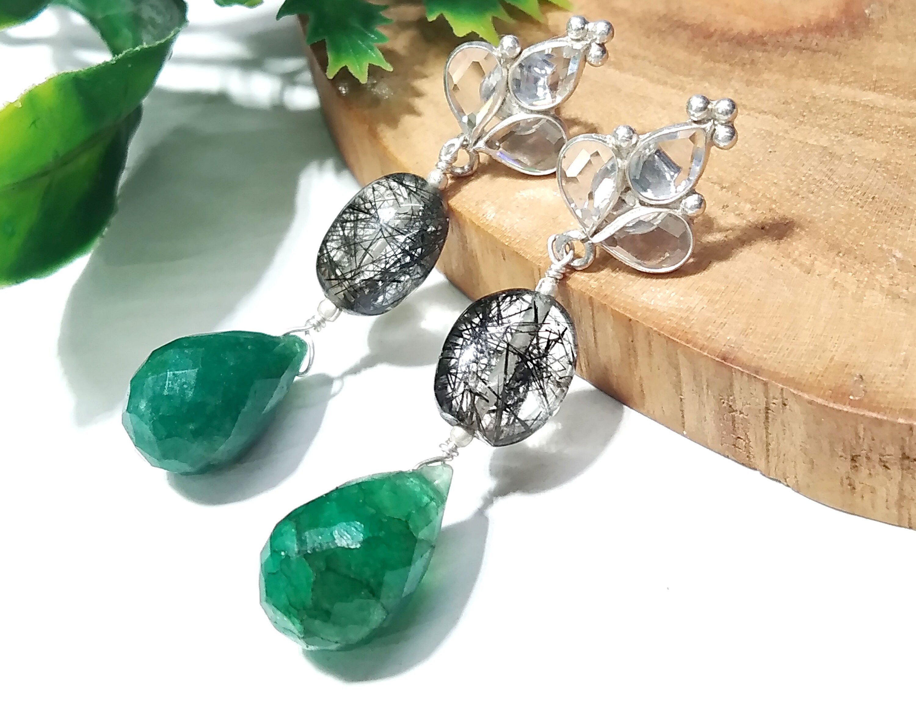 Beautiful Rutile Quartz/Zircon And Green Jade Gemstone Earrings ! 925 Silver With Natural Gemstone Zircon Faceted & Rutile Quartz Earrings